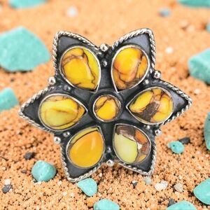 HONEY DAHLIA TURQUOISE FLOWER RING 925 STERLING SILVER ADUSTABLE SIZE 7-9